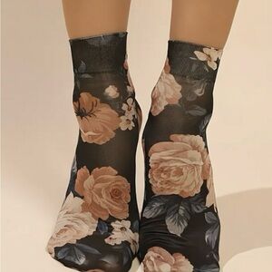 Floral Patterned Black Sheer Socks